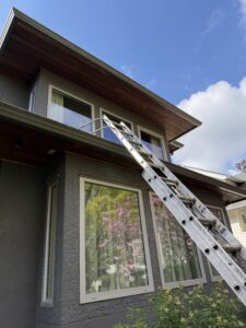 Homeowner safely positioning a ladder against gutters on a single-storey home