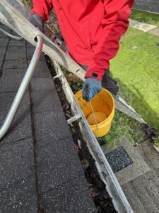 Gutter cleaning tools laid out on a driveway — gloves, ladder, bucket, garden hose, trowel