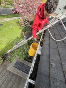 Gloved hands scooping wet leaves and debris from a clogged gutter into a bucket