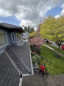 homeowner using vacuum pole hyperlight to clean gutters from ground