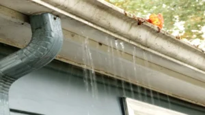 Clogged gutter overflowing with leaves and debris on a Vancouver home during rain